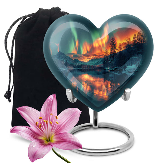 10-inch Northern Lights Heart Urn for custom burial, made of Aluminium
