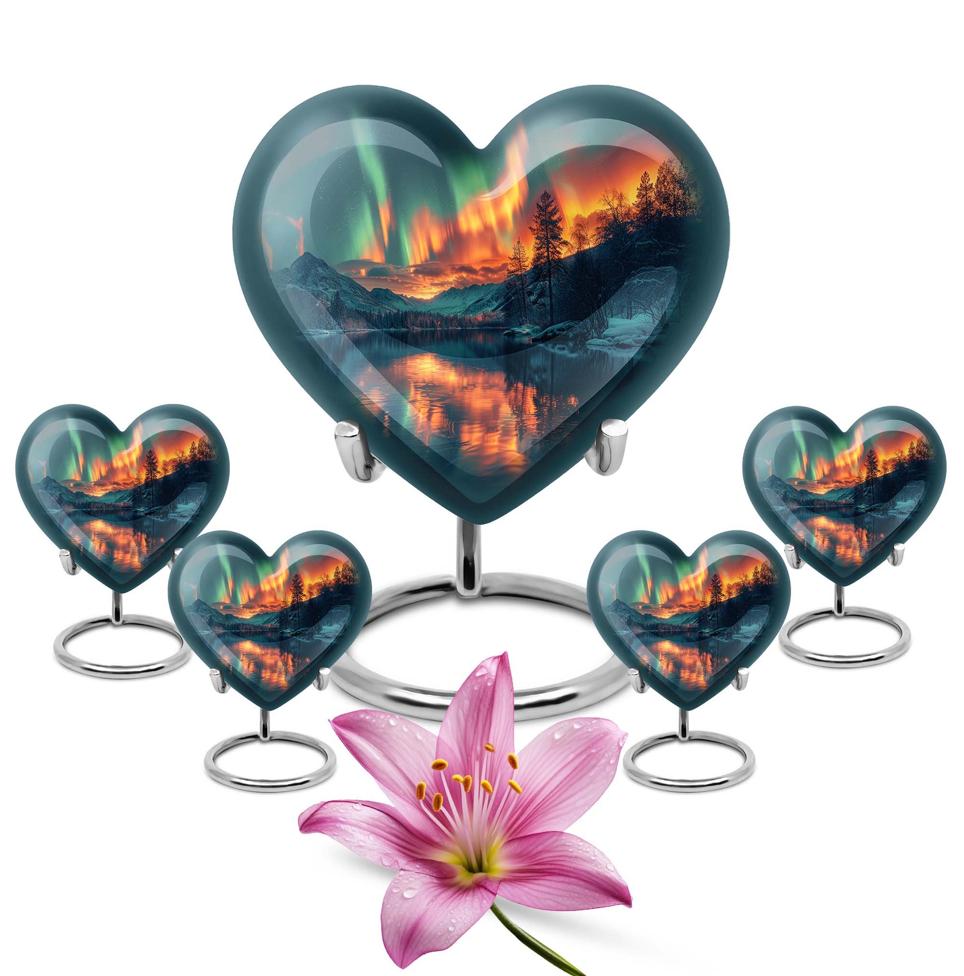 10-inch Northern Lights Heart Urn for custom burial, made of Aluminium