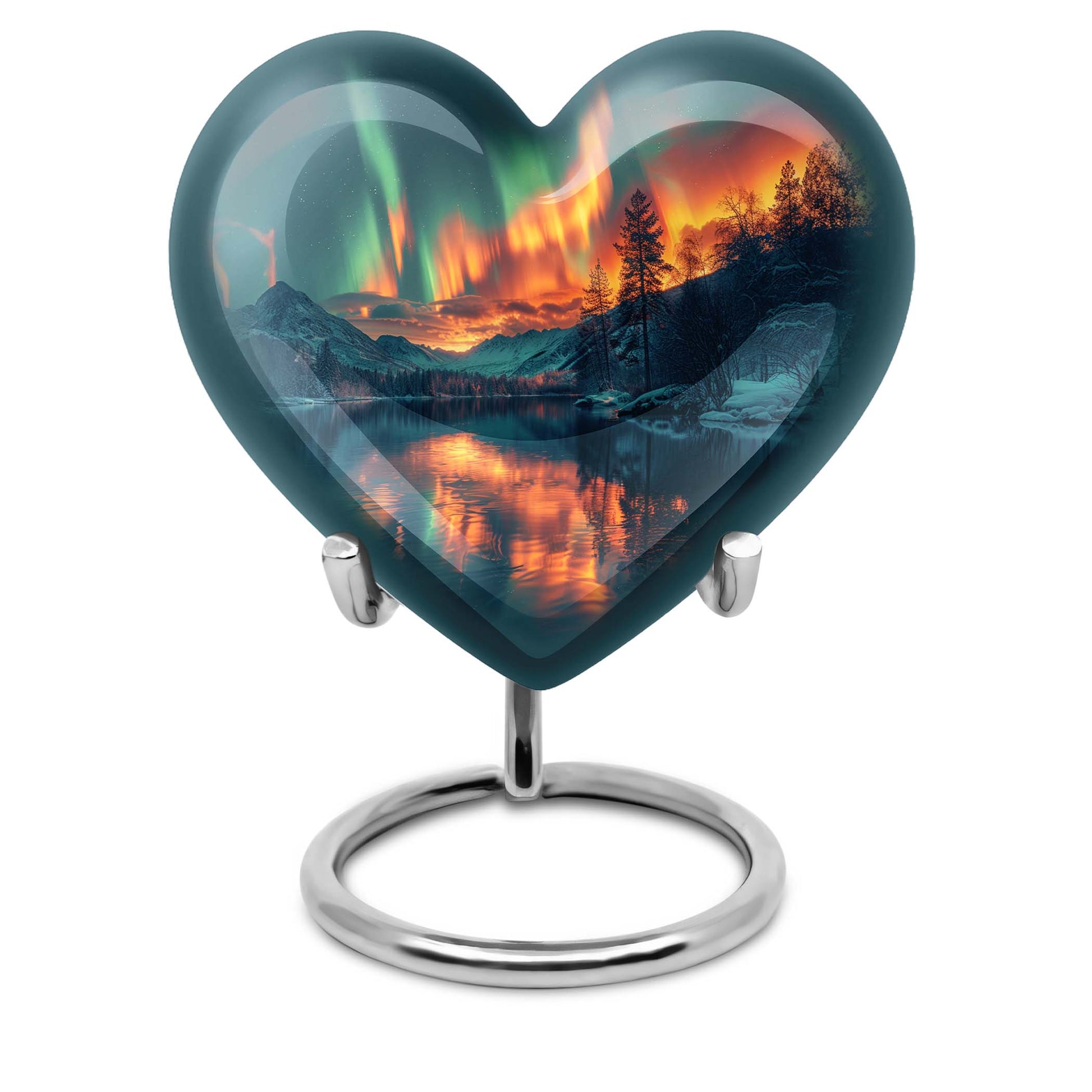 10-inch Northern Lights Heart Urn for custom burial, made of Aluminium