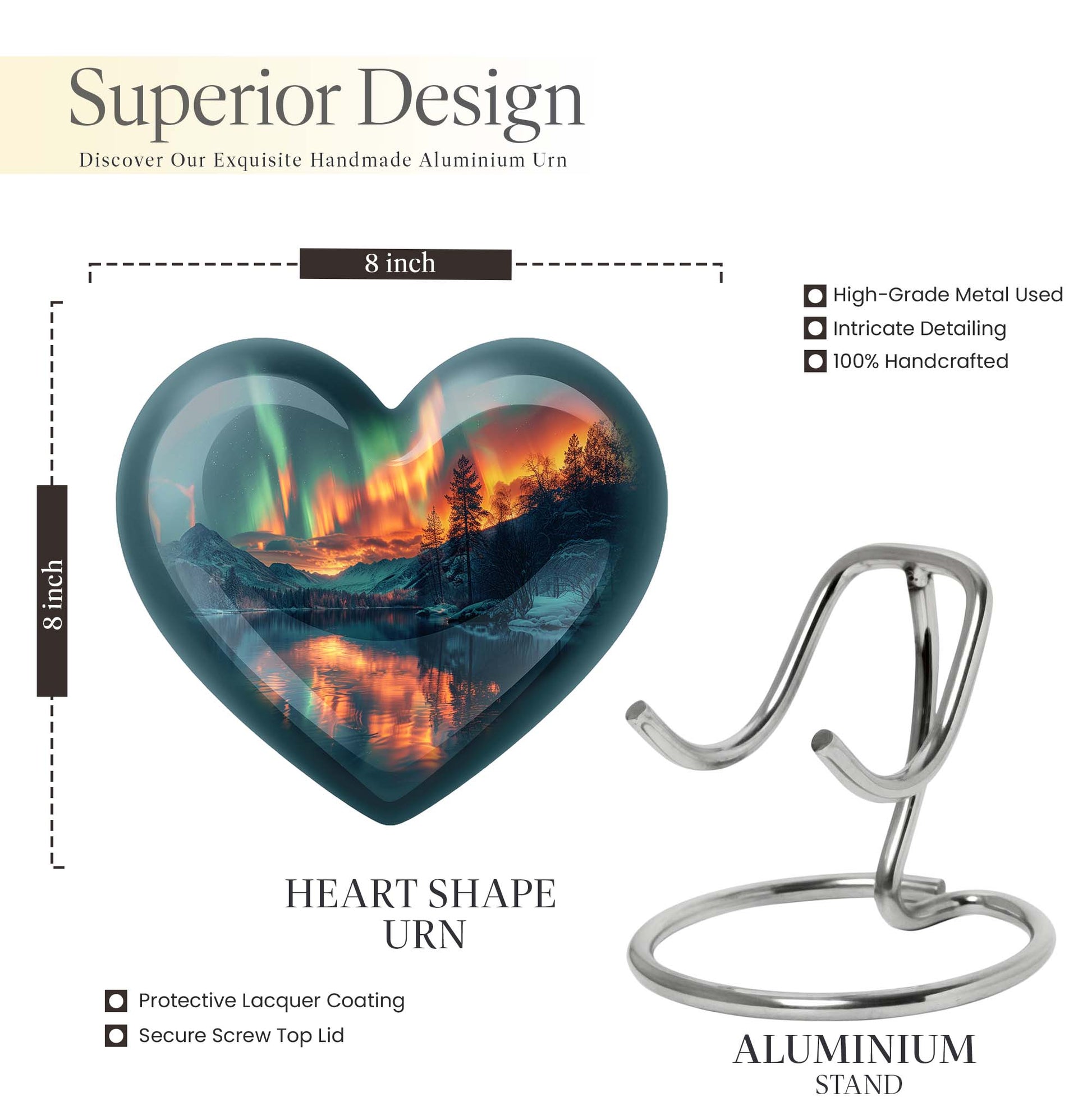 10-inch Northern Lights Heart Urn for custom burial, made of Aluminium