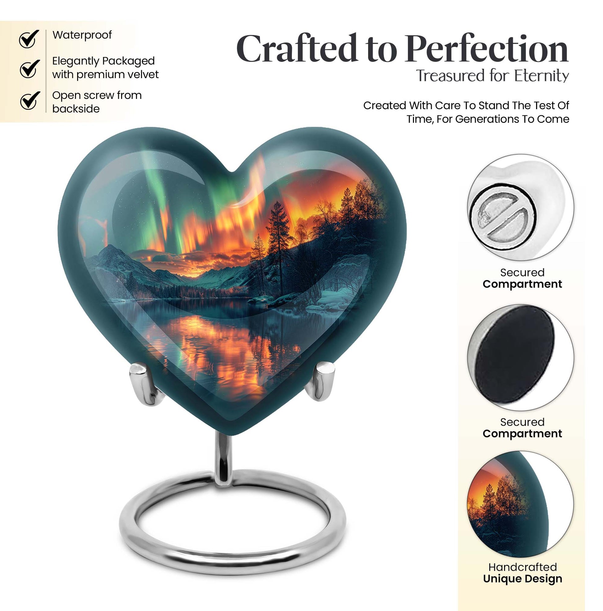 10-inch Northern Lights Heart Urn for custom burial, made of Aluminium
