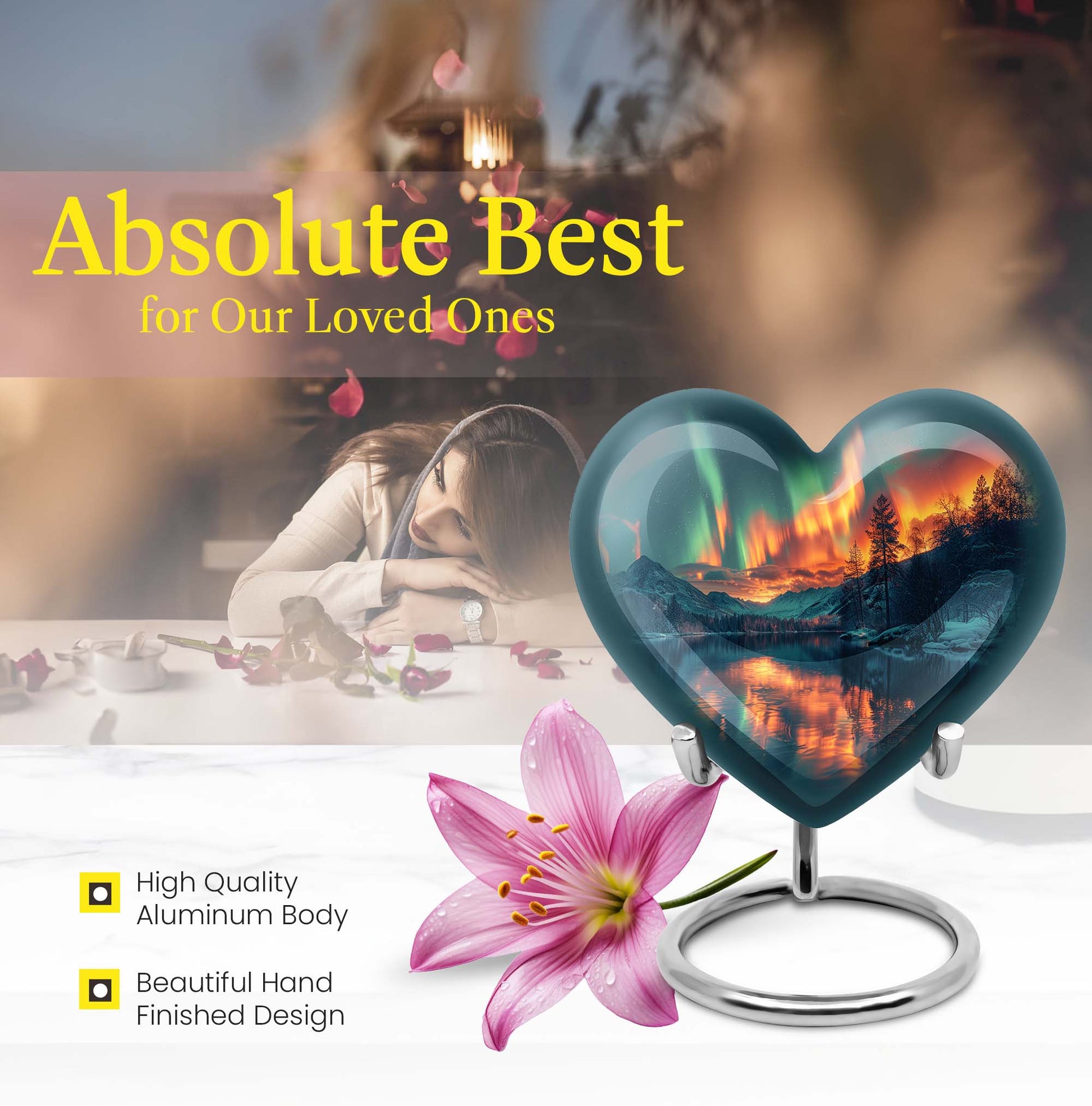10-inch Northern Lights Heart Urn for custom burial, made of Aluminium