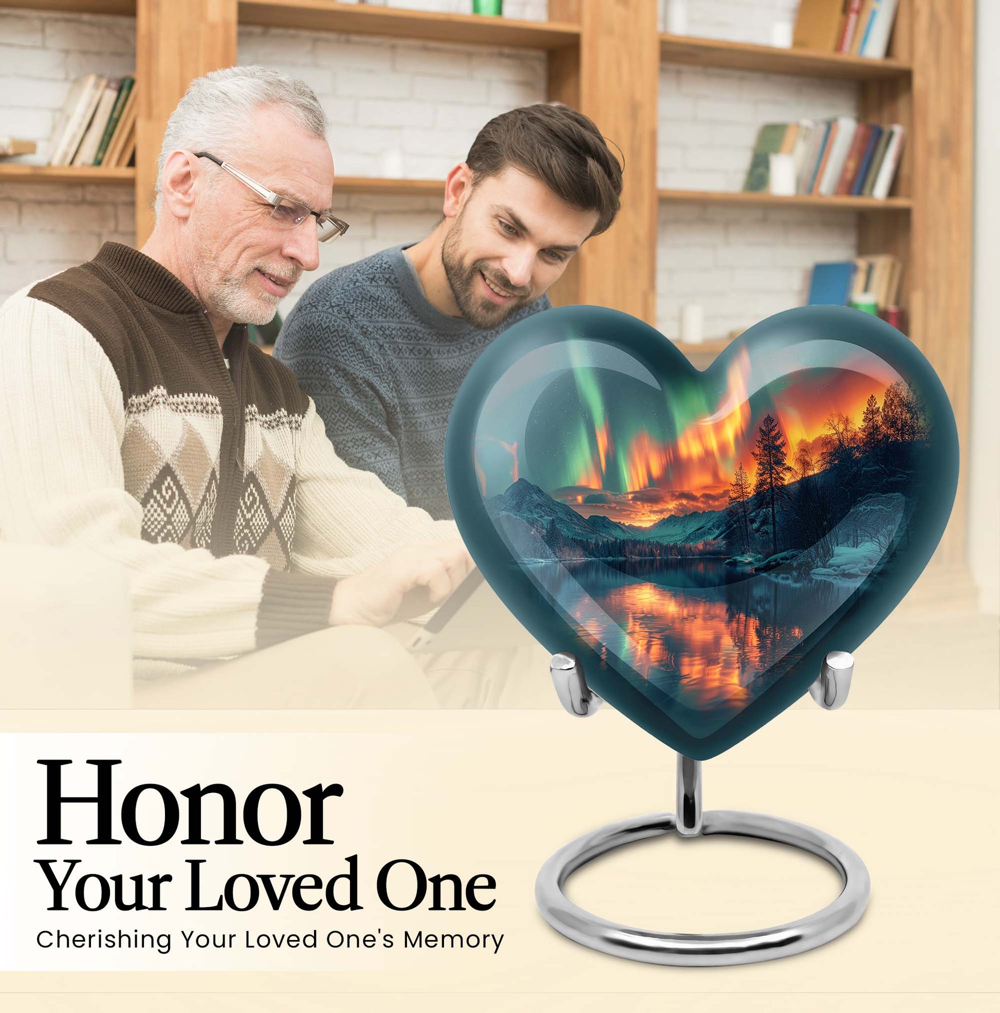 10-inch Northern Lights Heart Urn for custom burial, made of Aluminium