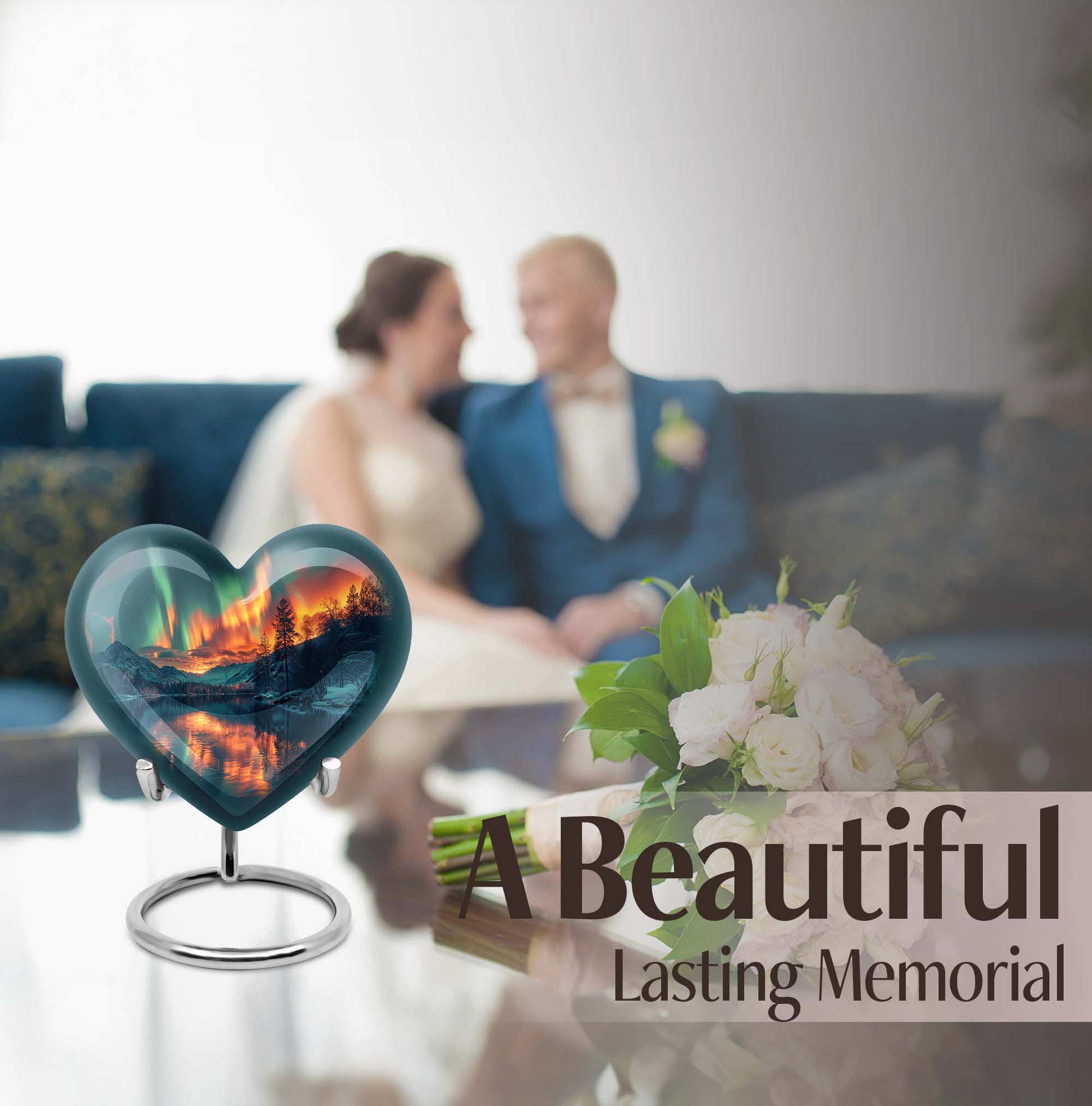 10-inch Northern Lights Heart Urn for custom burial, made of Aluminium