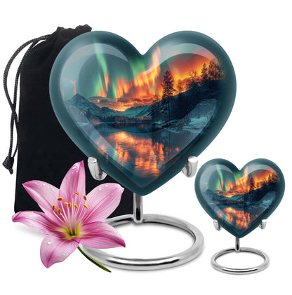 10-inch Northern Lights Heart Urn for custom burial, made of Aluminium