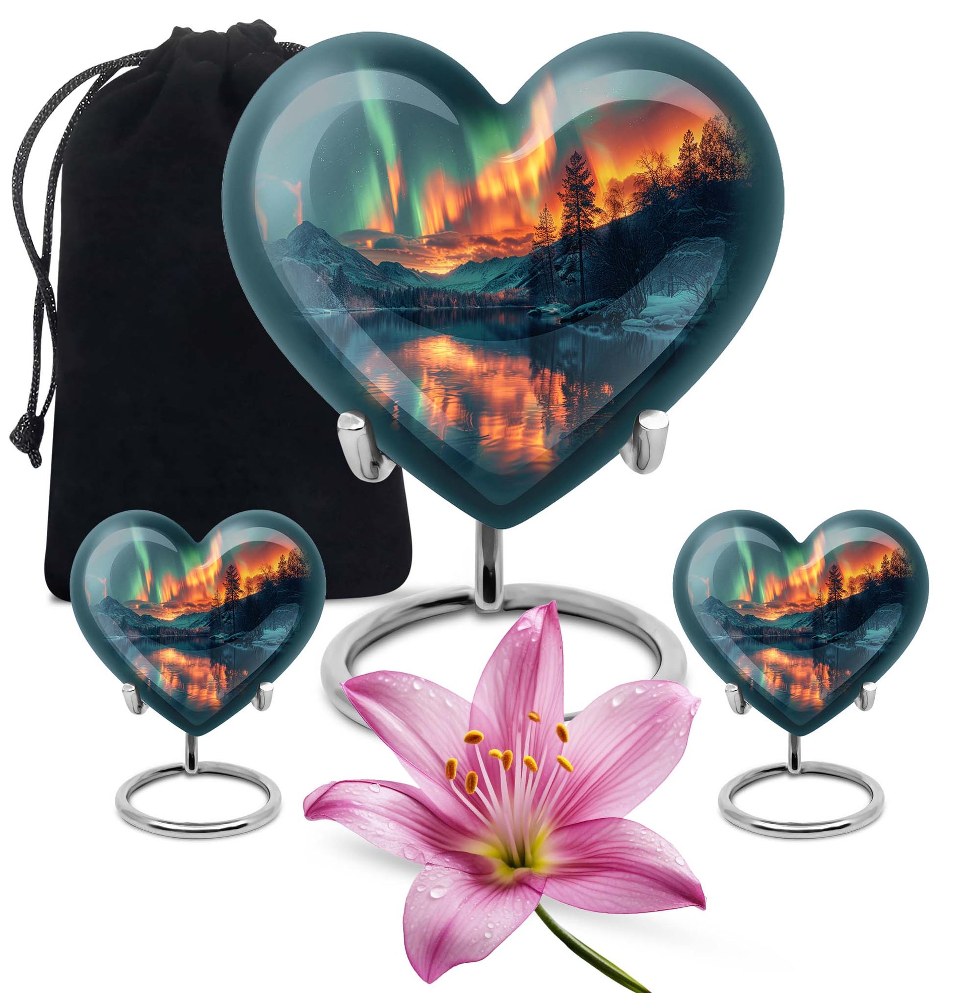 10-inch Northern Lights Heart Urn for custom burial, made of Aluminium