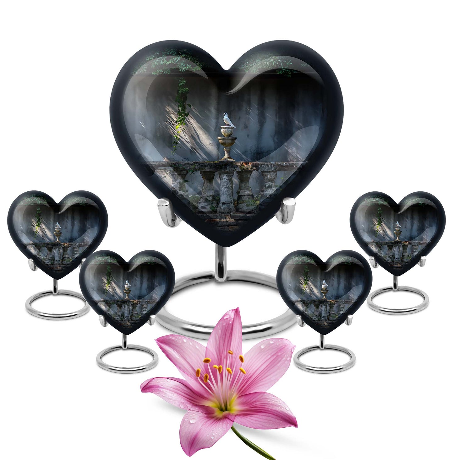 Large heart-shaped Dove Urn, purple meadow themed Aluminium Memorial Urn for ashes with customization