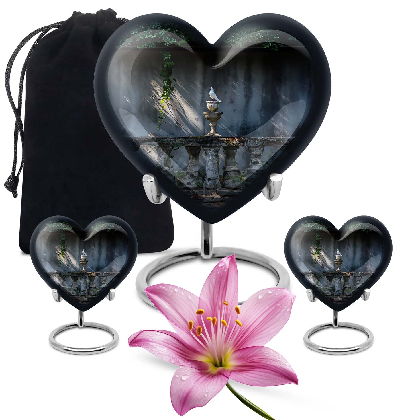 Large heart-shaped Dove Urn, purple meadow themed Aluminium Memorial Urn for ashes with customization