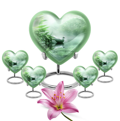 10-inch dove heart urn for adult male ashes with engraved names, packaged in a purple velvet pouch