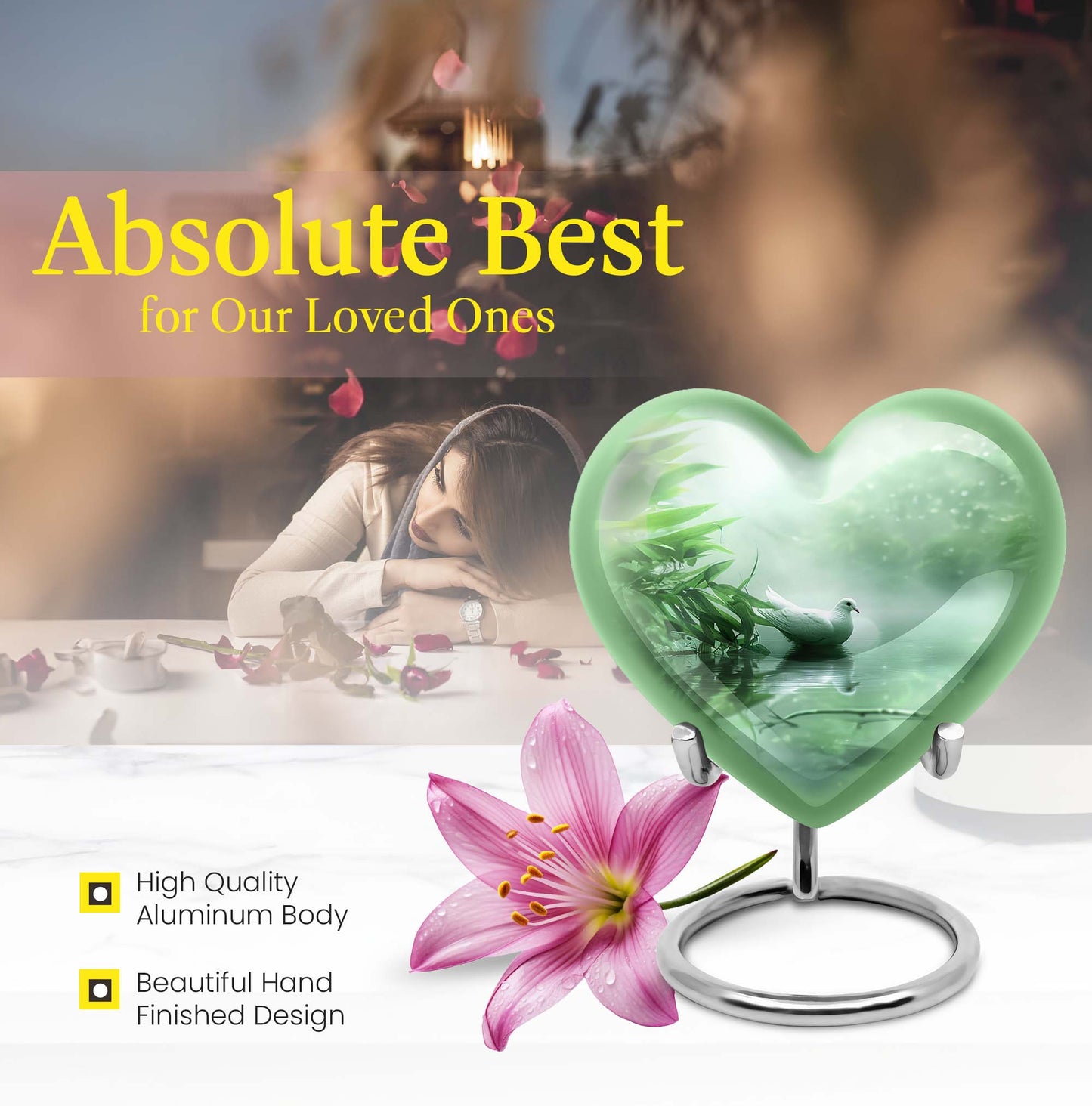 10-inch dove heart urn for adult male ashes with engraved names, packaged in a purple velvet pouch