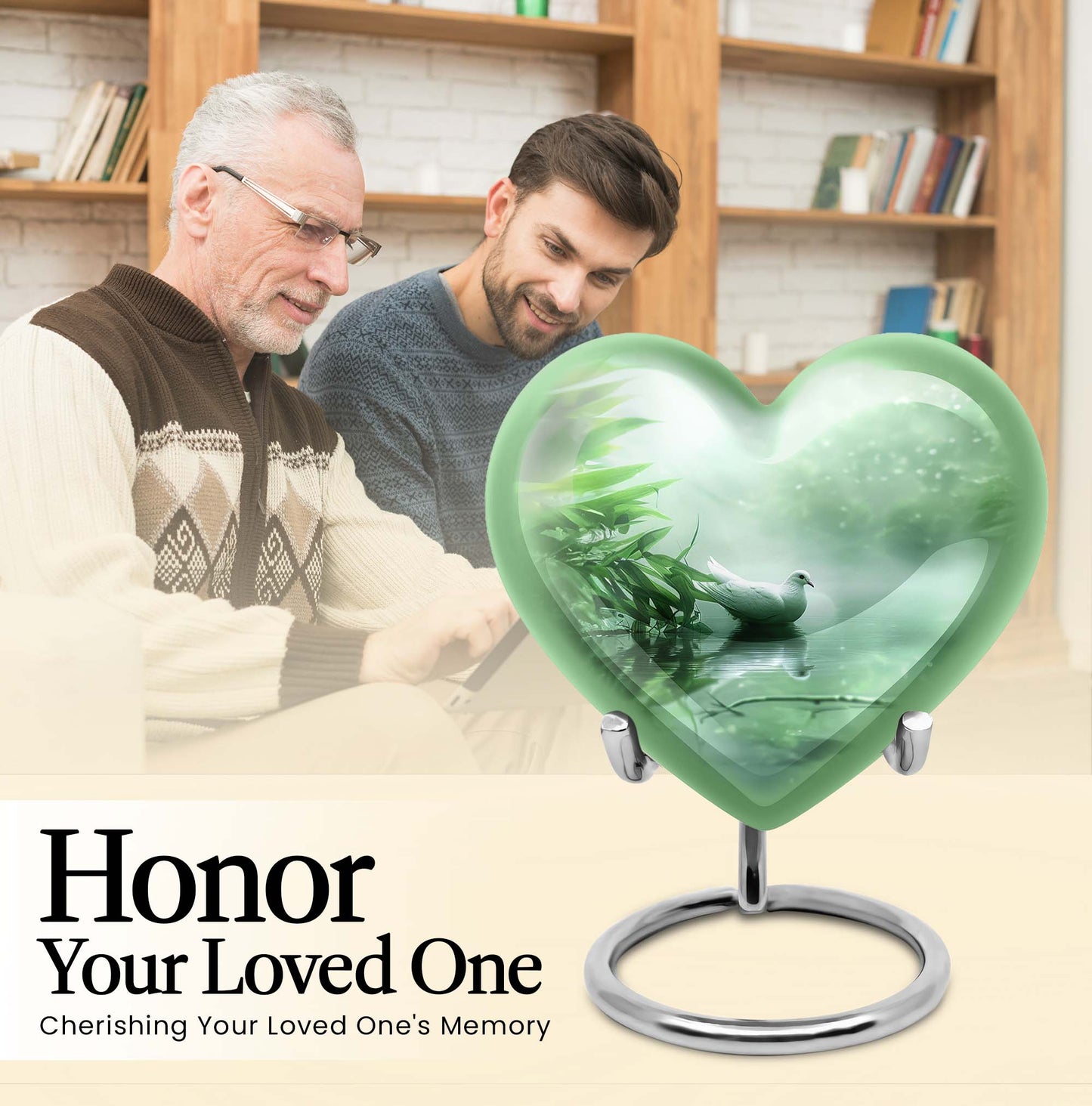 10-inch dove heart urn for adult male ashes with engraved names, packaged in a purple velvet pouch