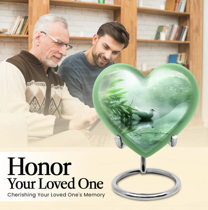 10-inch dove heart urn for adult male ashes with engraved names, packaged in a purple velvet pouch