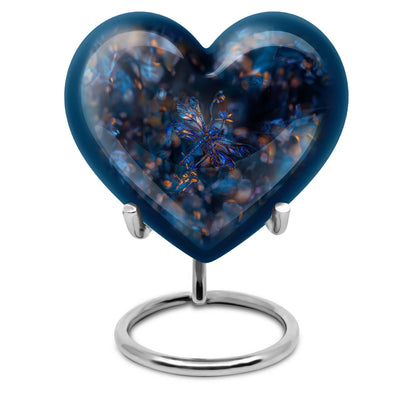 Dragonfly Urn for Ashes, Detailed Blue Orange Among Blurred Foliage, Dark Blue Urn