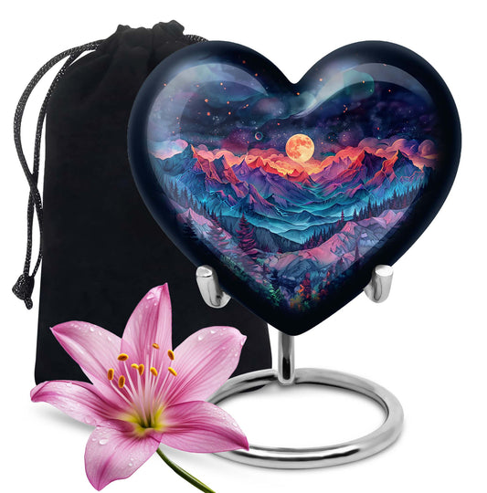 Large 'MOUNTAINS Urn' Heart design cremation urn in Purple Meadow theme