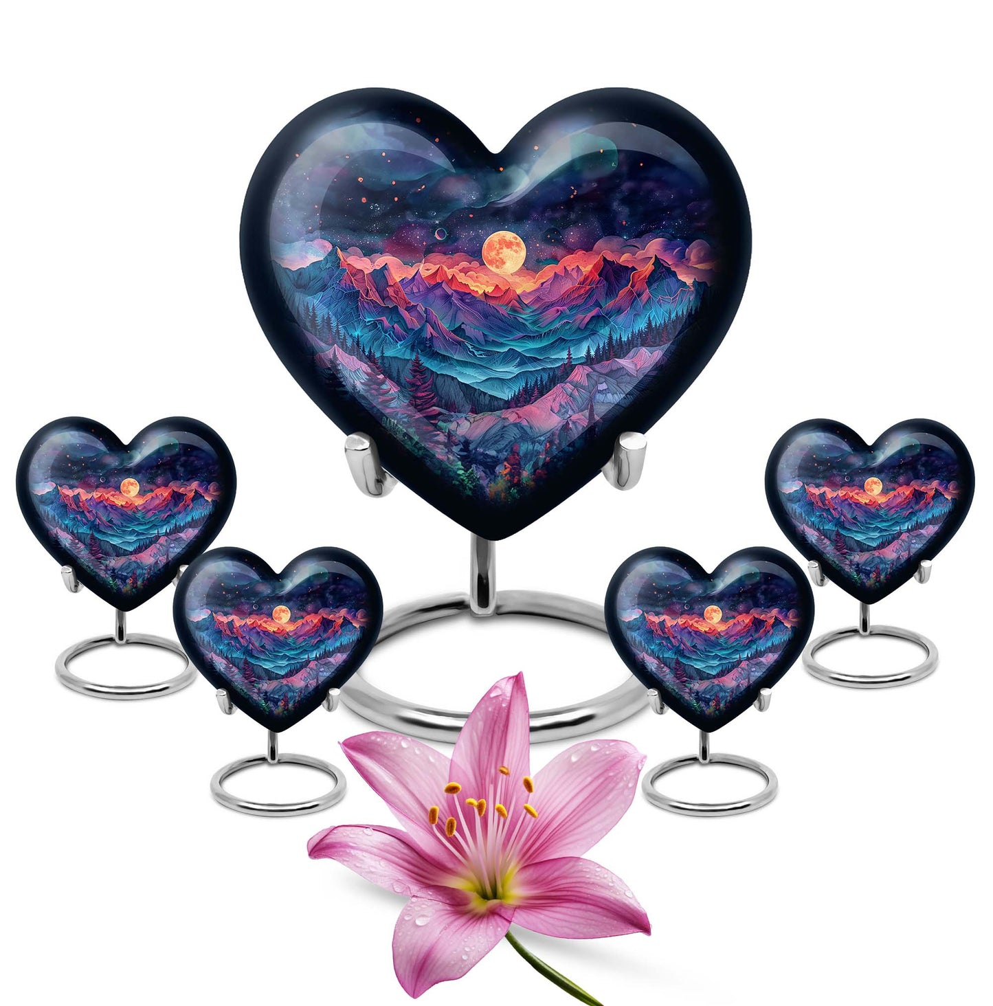 Large 'MOUNTAINS Urn' Heart design cremation urn in Purple Meadow theme