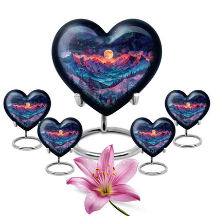 Large 'MOUNTAINS Urn' Heart design cremation urn in Purple Meadow theme