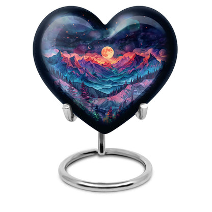 Large 'MOUNTAINS Urn' Heart design cremation urn in Purple Meadow theme
