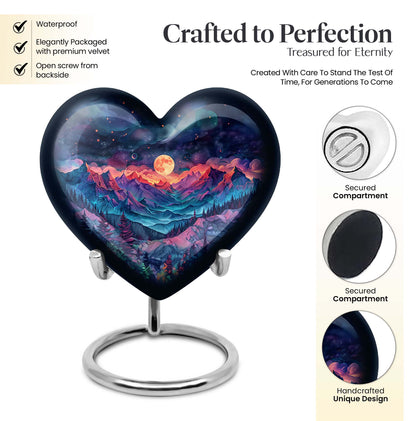 Large 'MOUNTAINS Urn' Heart design cremation urn in Purple Meadow theme