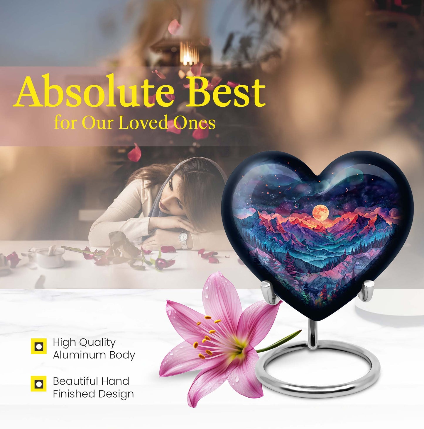 Large 'MOUNTAINS Urn' Heart design cremation urn in Purple Meadow theme