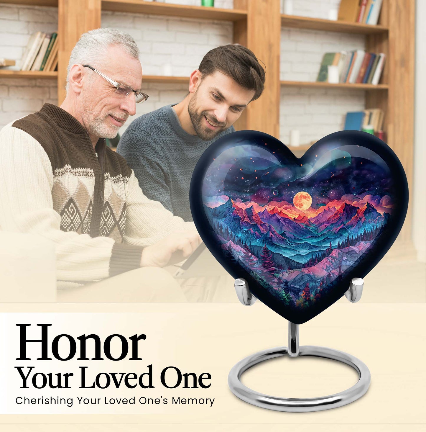 Large 'MOUNTAINS Urn' Heart design cremation urn in Purple Meadow theme