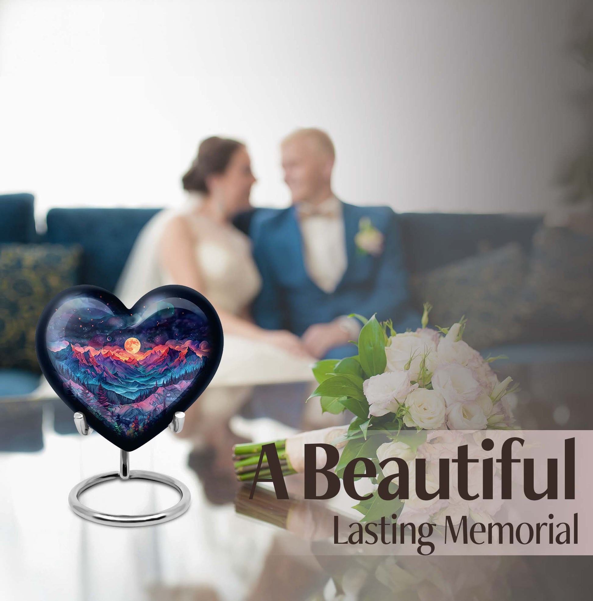 Large 'MOUNTAINS Urn' Heart design cremation urn in Purple Meadow theme