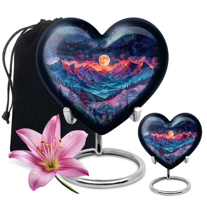 Large 'MOUNTAINS Urn' Heart design cremation urn in Purple Meadow theme