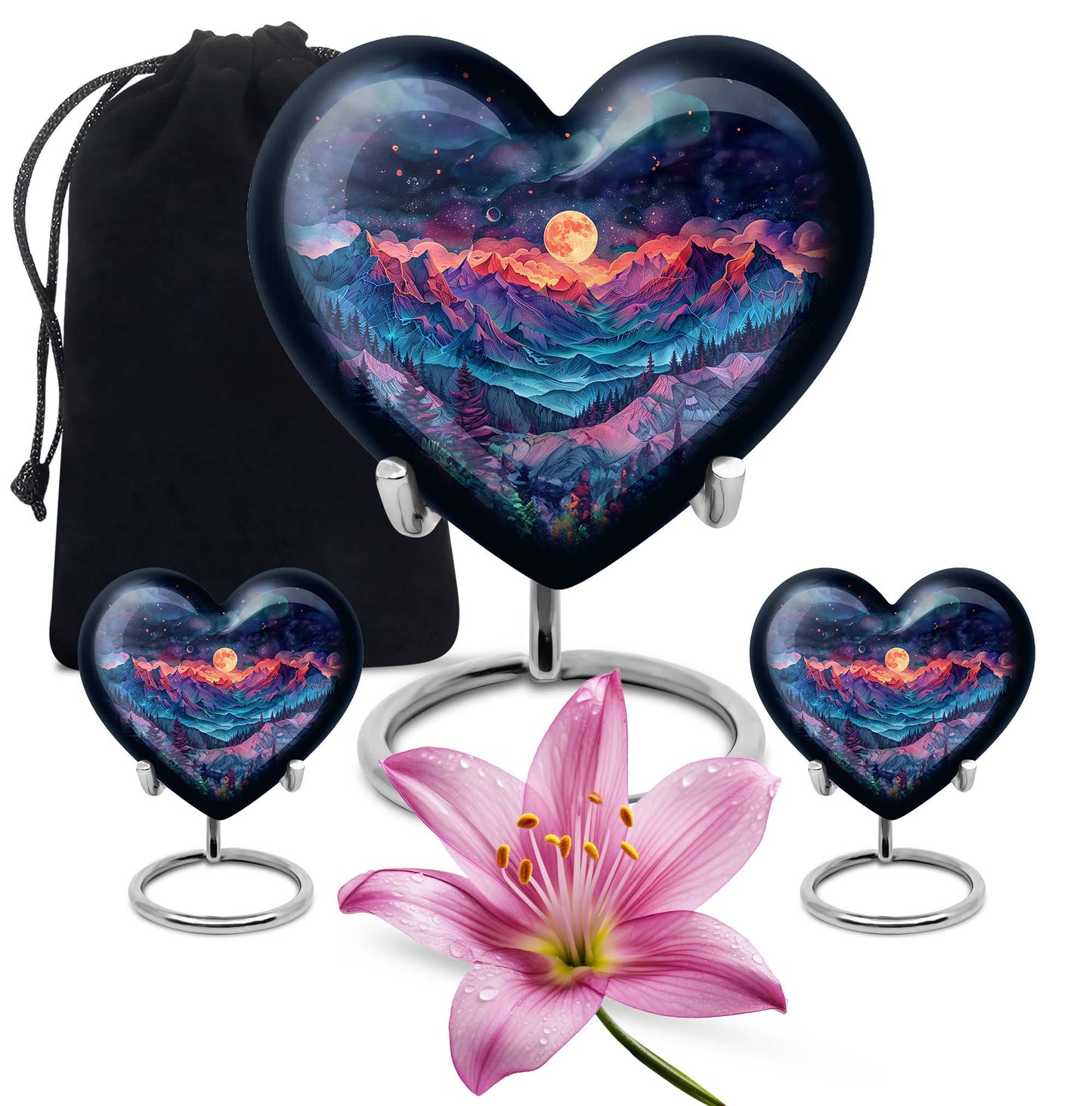 Large 'MOUNTAINS Urn' Heart design cremation urn in Purple Meadow theme