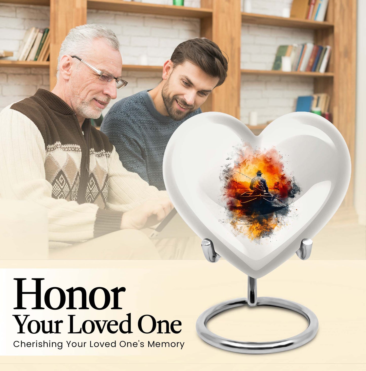 Father son fishing heart urn for adult ashes