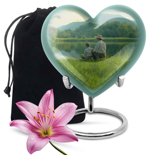 10 inch Heart Urn, father son fishing theme for a memorial burial