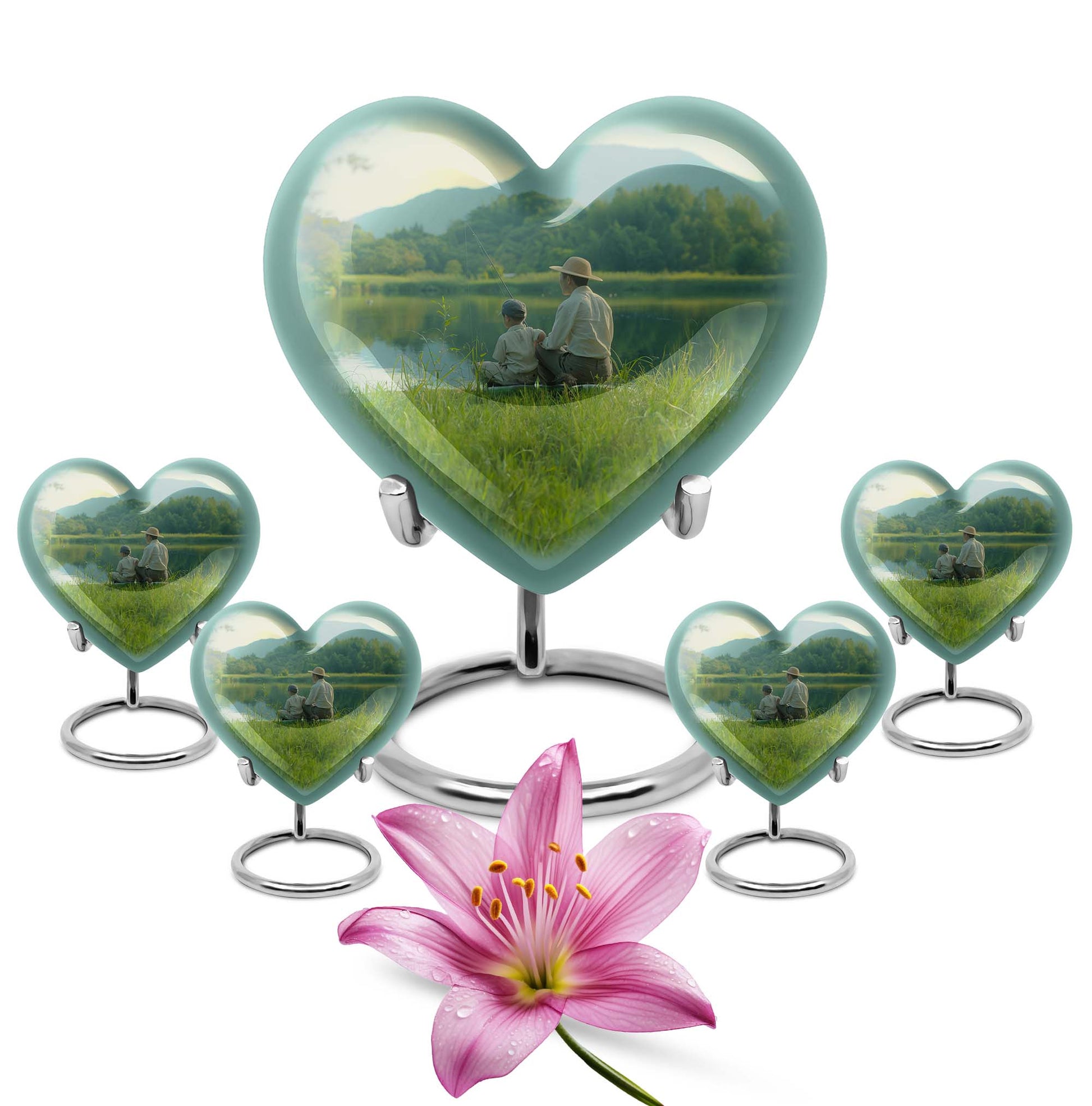 10 inch Heart Urn, father son fishing theme for a memorial burial