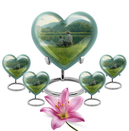 10 inch Heart Urn, father son fishing theme for a memorial burial