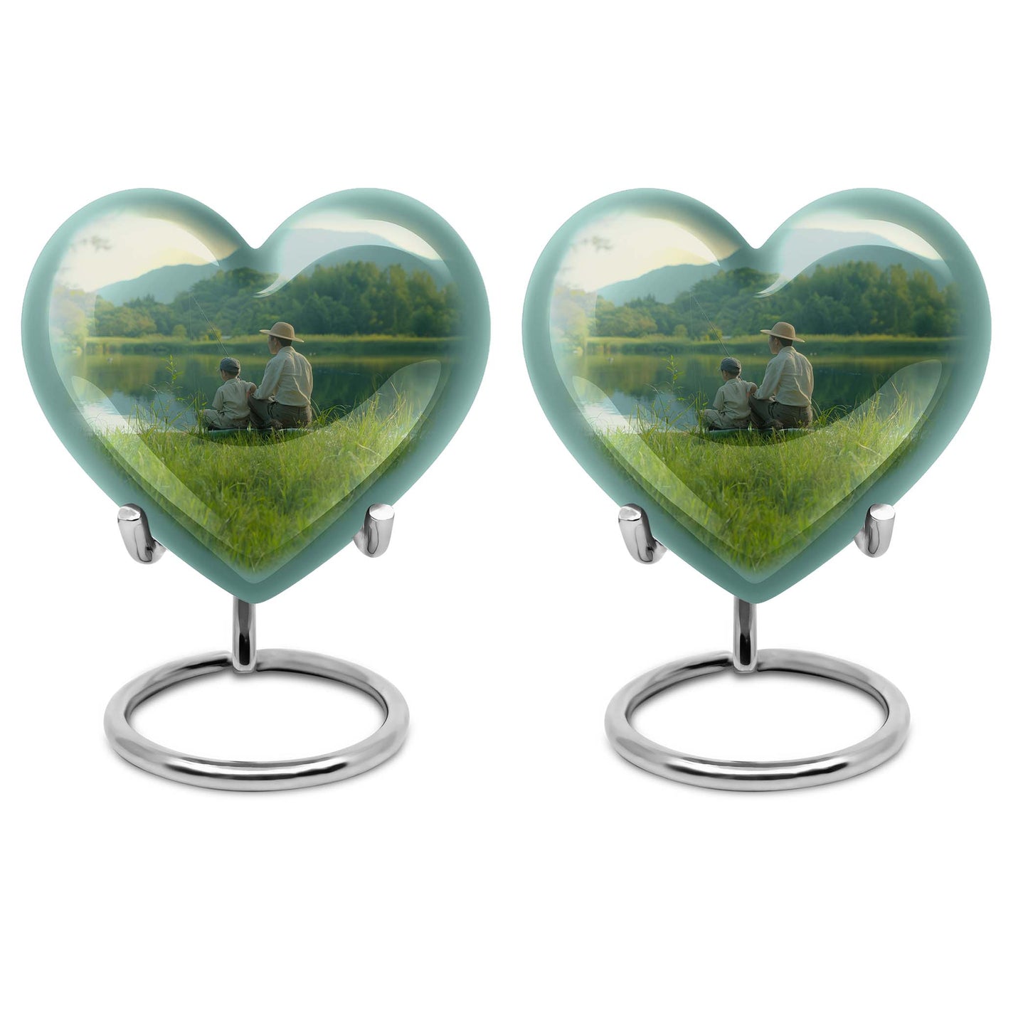 10 inch Heart Urn, father son fishing theme for a memorial burial