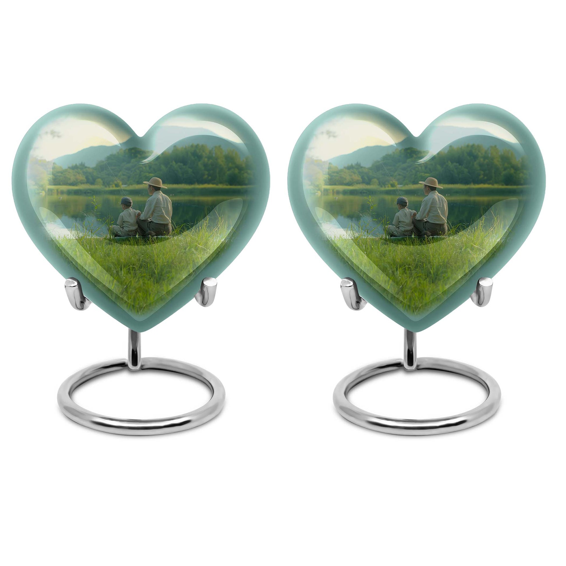 10 inch Heart Urn, father son fishing theme for a memorial burial
