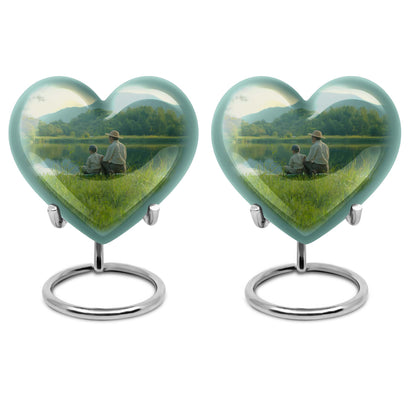 10 inch Heart Urn, father son fishing theme for a memorial burial