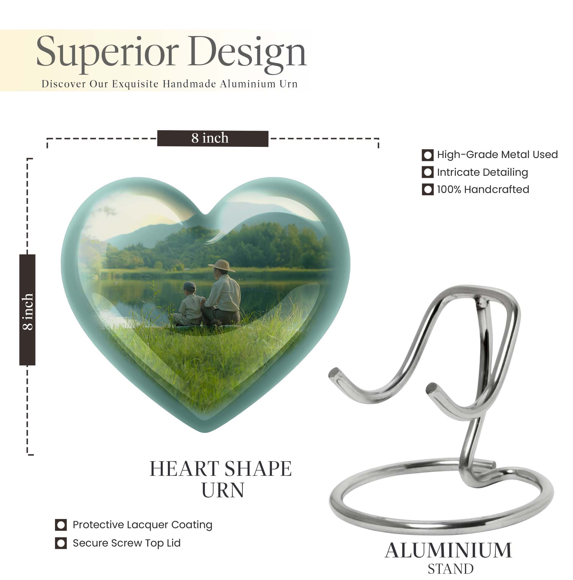 10 inch Heart Urn, father son fishing theme for a memorial burial