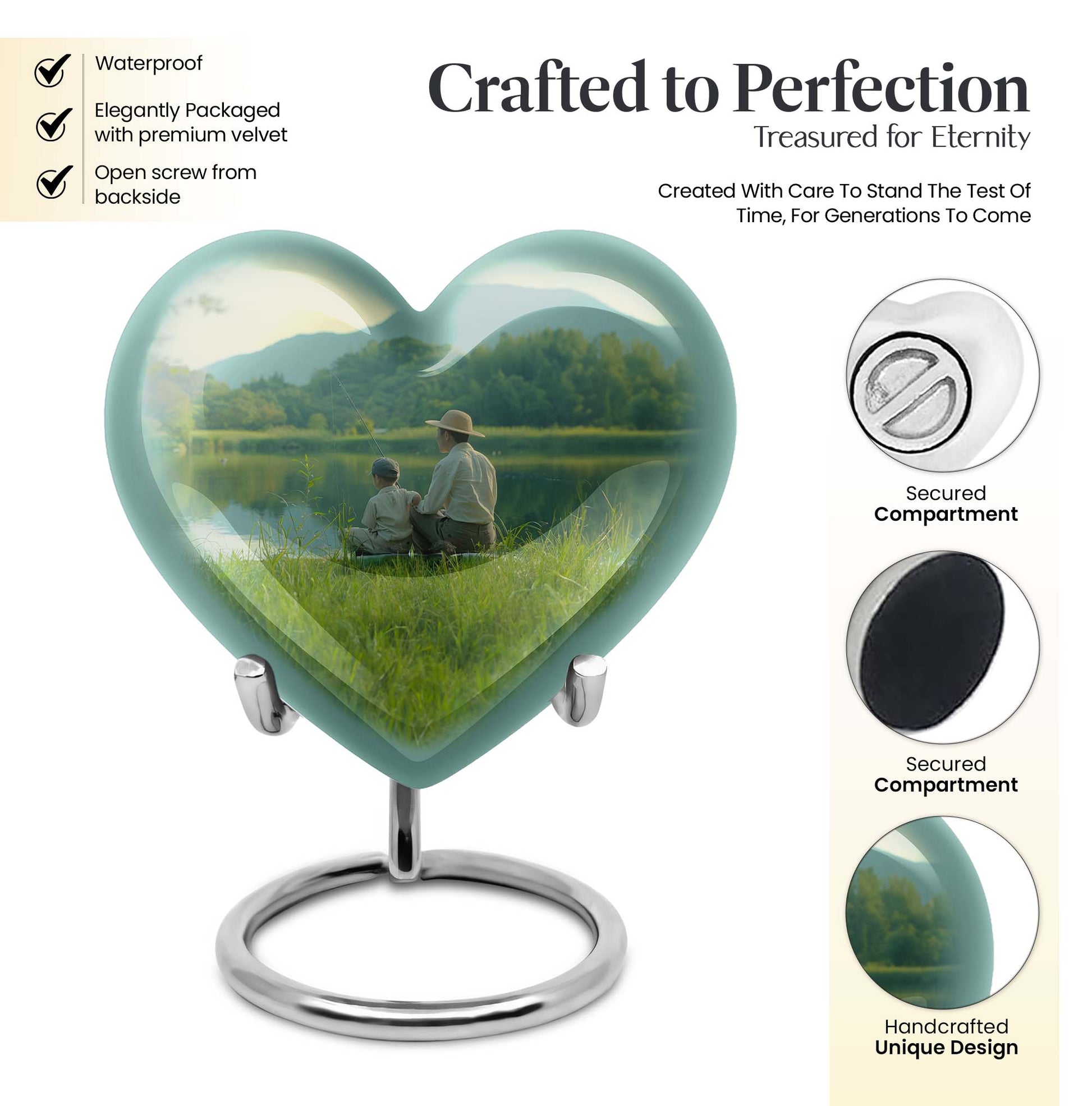10 inch Heart Urn, father son fishing theme for a memorial burial