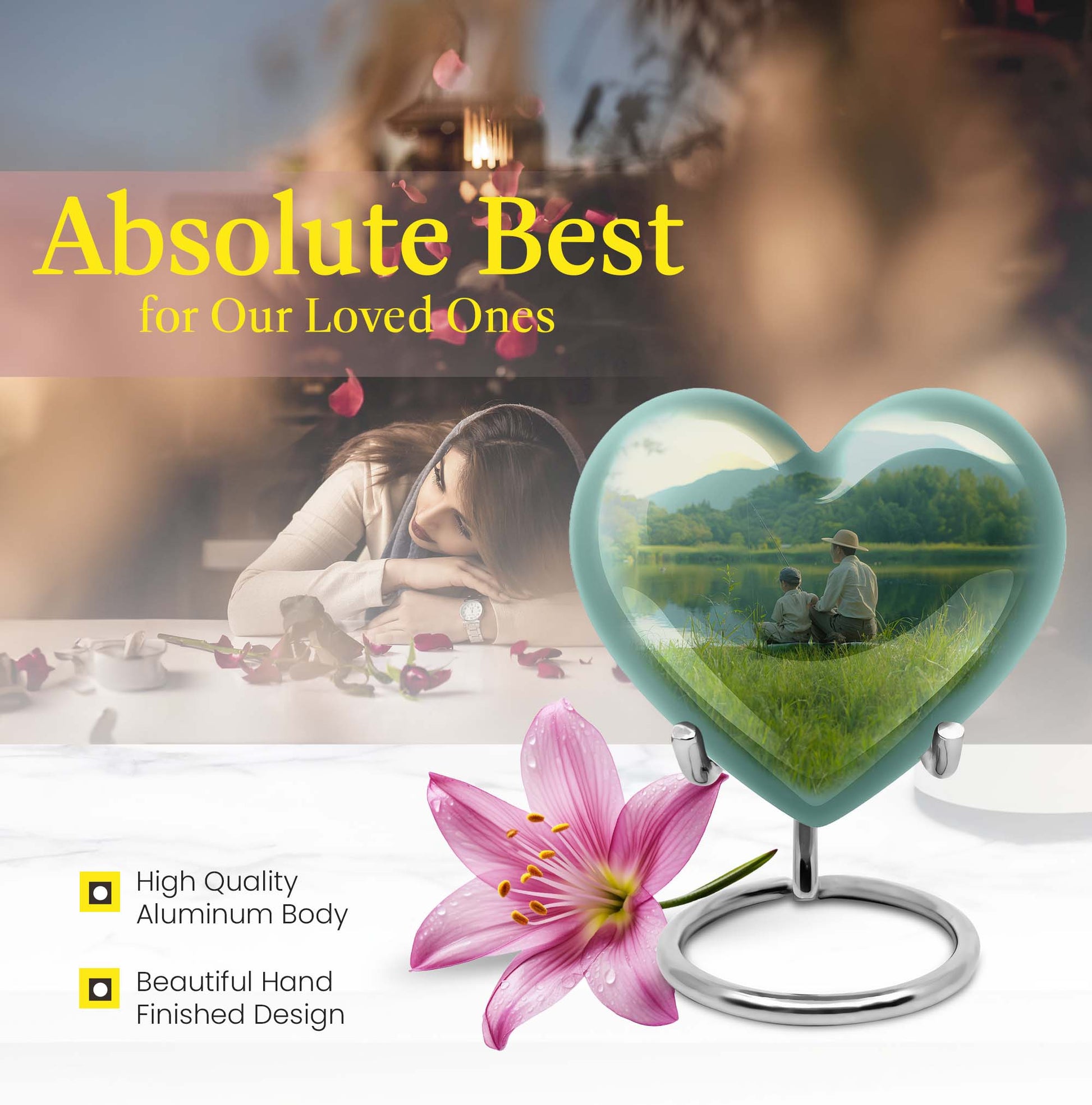 10 inch Heart Urn, father son fishing theme for a memorial burial