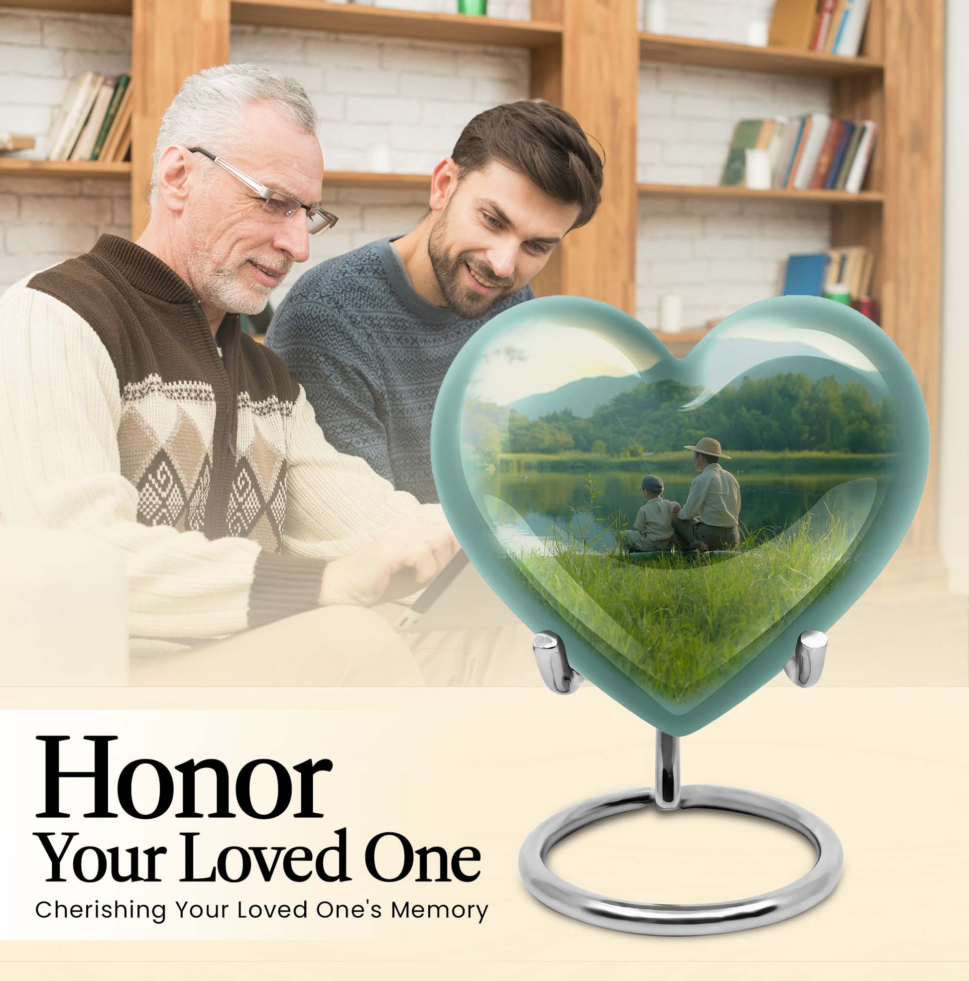 10 inch Heart Urn, father son fishing theme for a memorial burial