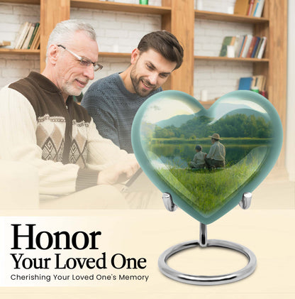 10 inch Heart Urn, father son fishing theme for a memorial burial