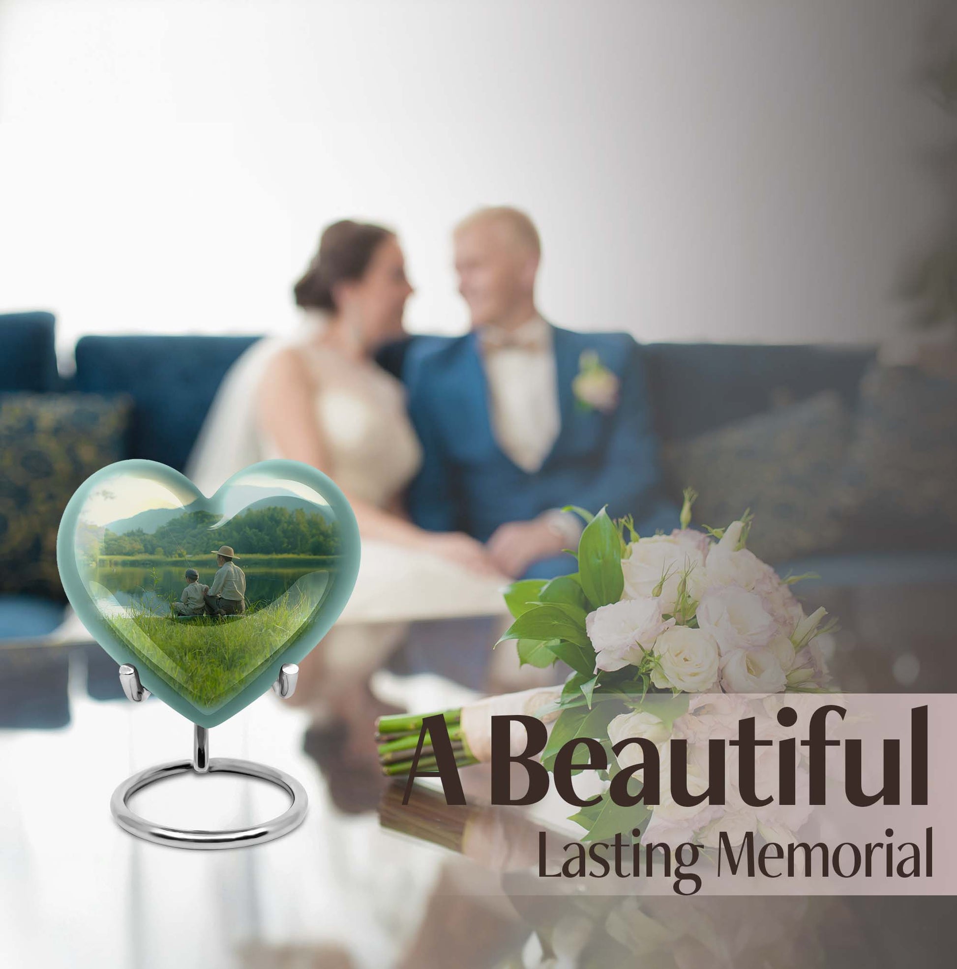 10 inch Heart Urn, father son fishing theme for a memorial burial