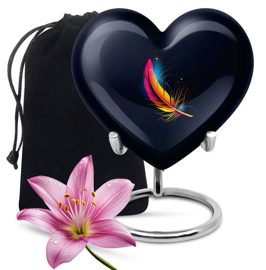 Heart-shaped feather urn, 10-inch personalized aluminium cremation urn for adult male dad in Purple Meadow design