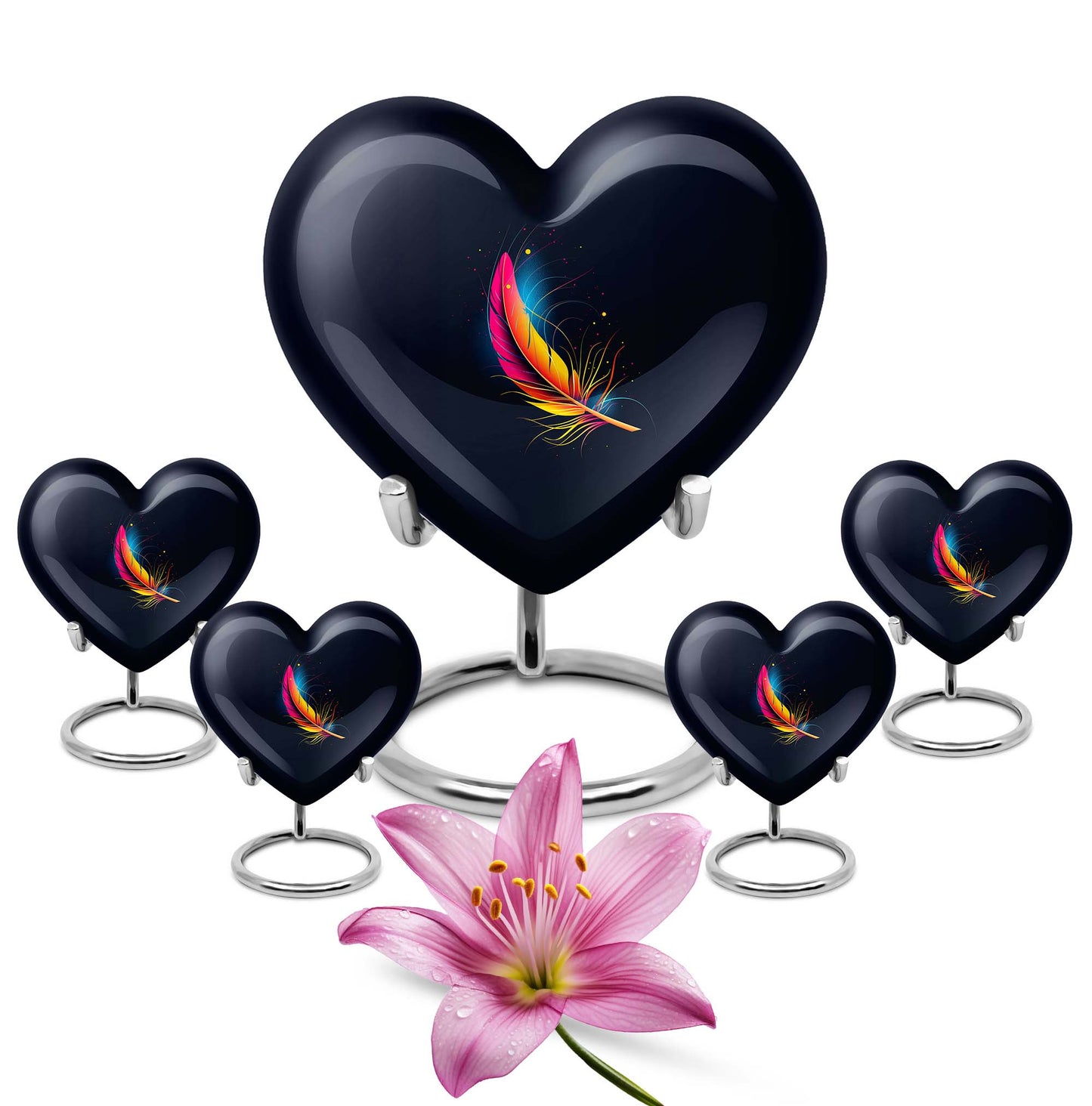 Heart-shaped feather urn, 10-inch personalized aluminium cremation urn for adult male dad in Purple Meadow design