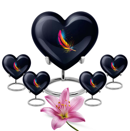 Heart-shaped feather urn, 10-inch personalized aluminium cremation urn for adult male dad in Purple Meadow design