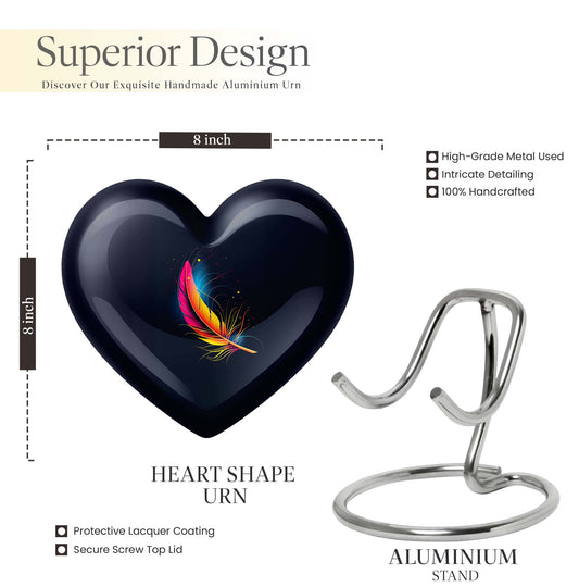 Heart-shaped feather urn, 10-inch personalized aluminium cremation urn for adult male dad in Purple Meadow design