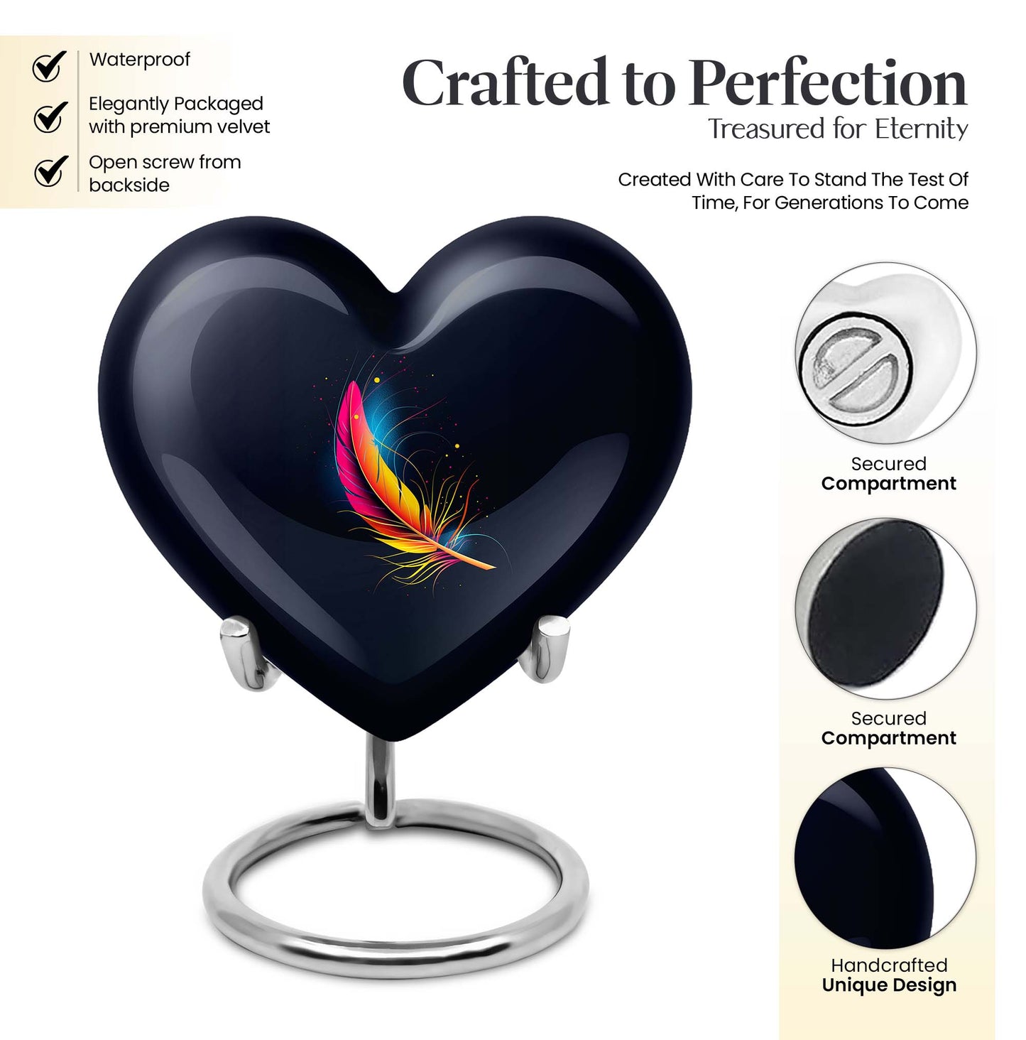 Heart-shaped feather urn, 10-inch personalized aluminium cremation urn for adult male dad in Purple Meadow design