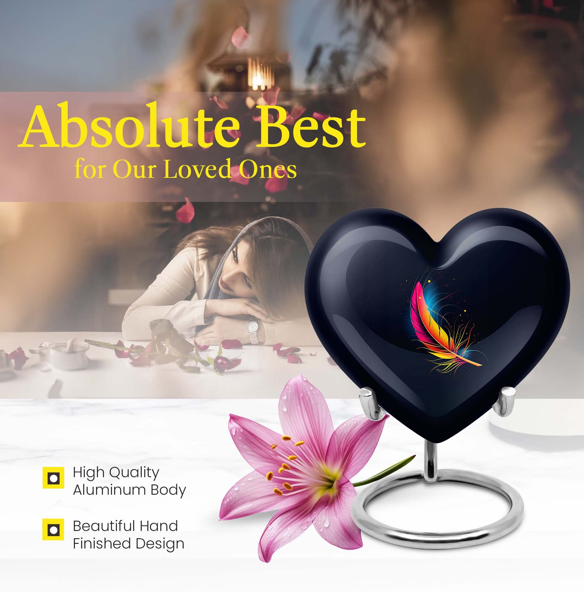 Heart-shaped feather urn, 10-inch personalized aluminium cremation urn for adult male dad in Purple Meadow design