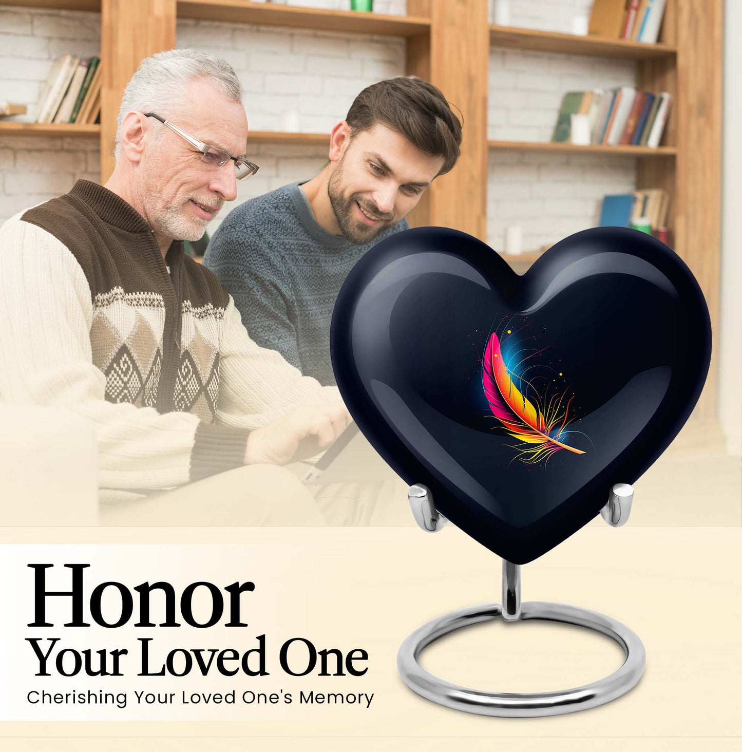 Heart-shaped feather urn, 10-inch personalized aluminium cremation urn for adult male dad in Purple Meadow design