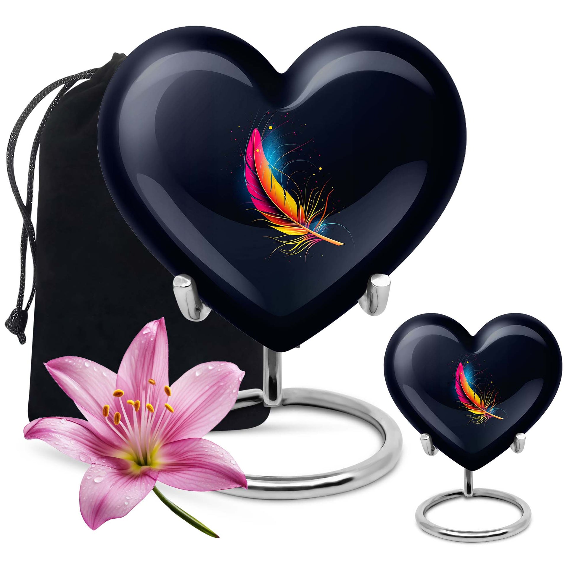 Heart-shaped feather urn, 10-inch personalized aluminium cremation urn for adult male dad in Purple Meadow design