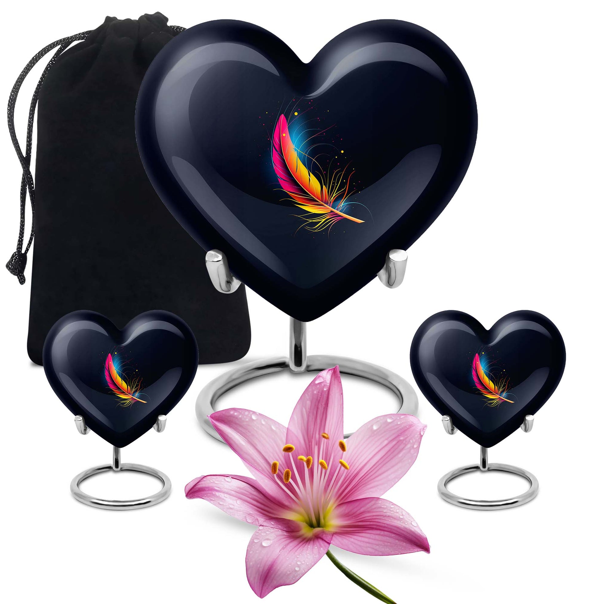 Heart-shaped feather urn, 10-inch personalized aluminium cremation urn for adult male dad in Purple Meadow design