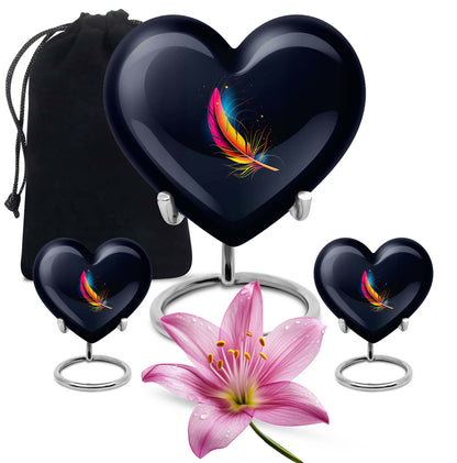 Heart-shaped feather urn, 10-inch personalized aluminium cremation urn for adult male dad in Purple Meadow design